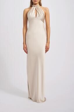 NWT Amsale Kairi Champagne Satin Keyhole Detail Sheath Gown GB304S US 12
